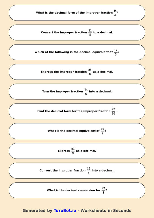 Year 6 Math Worksheet – Improper Fractions to Decimals 2