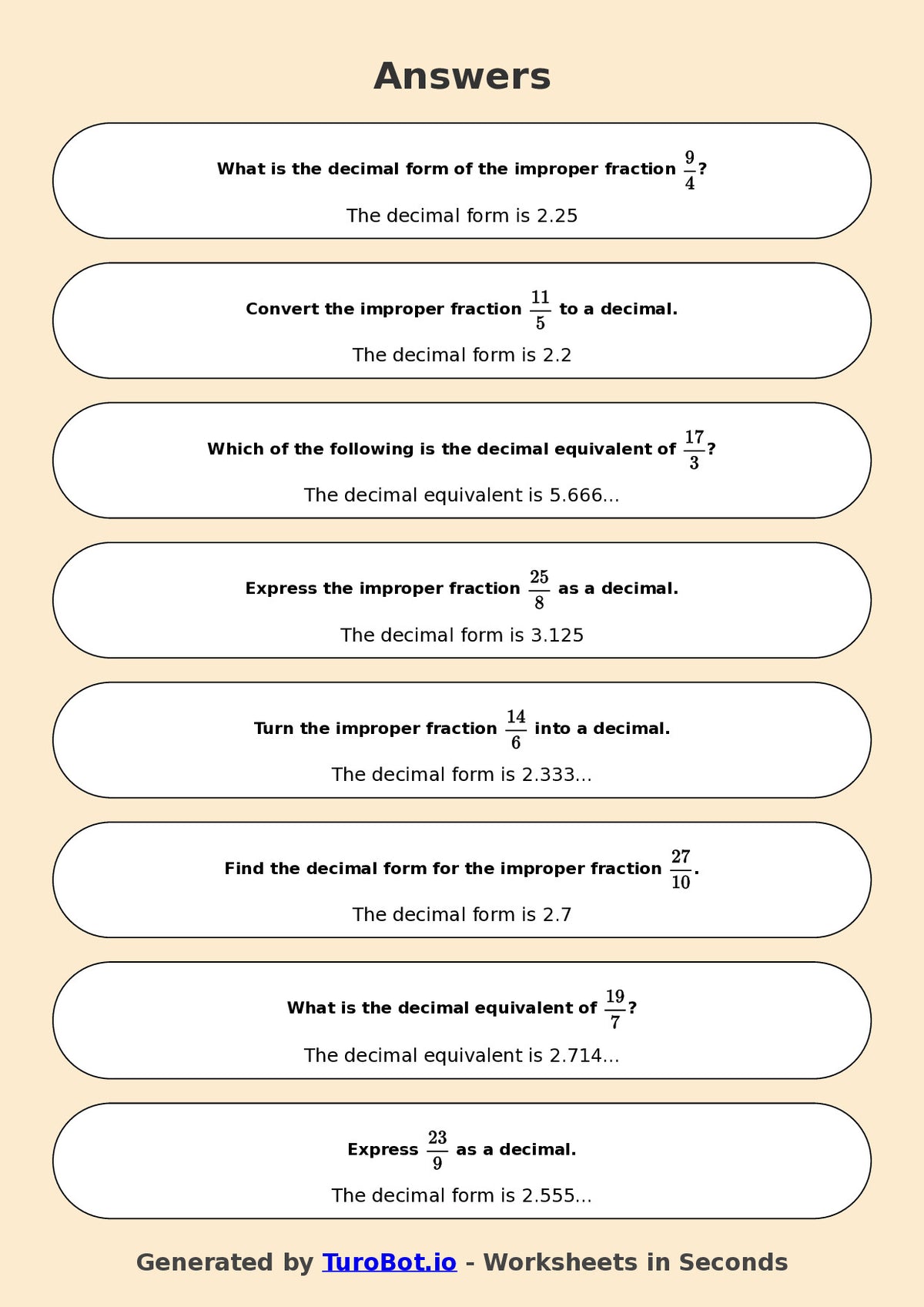 Year 6 Math Worksheet – Improper Fractions to Decimals 2