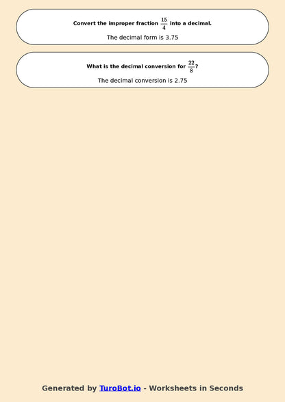 Year 6 Math Worksheet – Improper Fractions to Decimals 2
