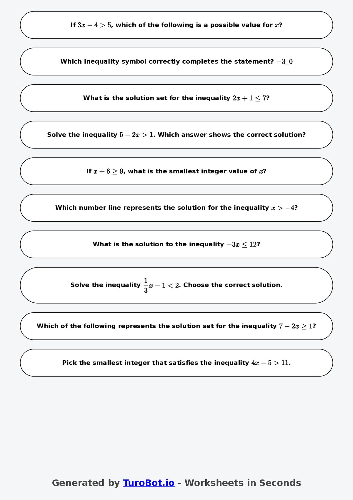 Year 8 Math Multiple Choice Worksheet – Inequalities Basics