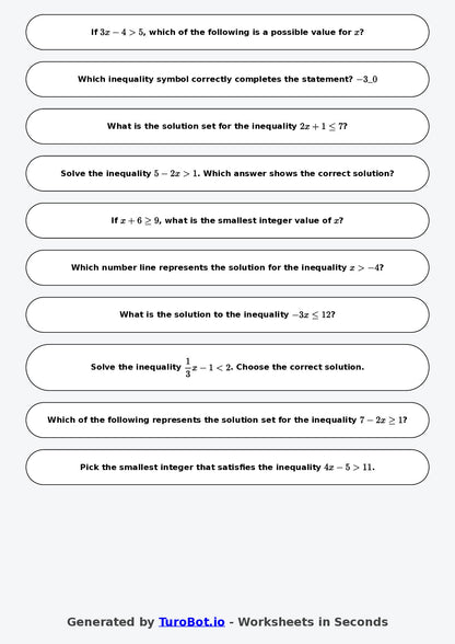 Year 8 Math Multiple Choice Worksheet – Inequalities Basics
