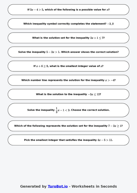Year 8 Math Multiple Choice Worksheet – Inequalities Basics