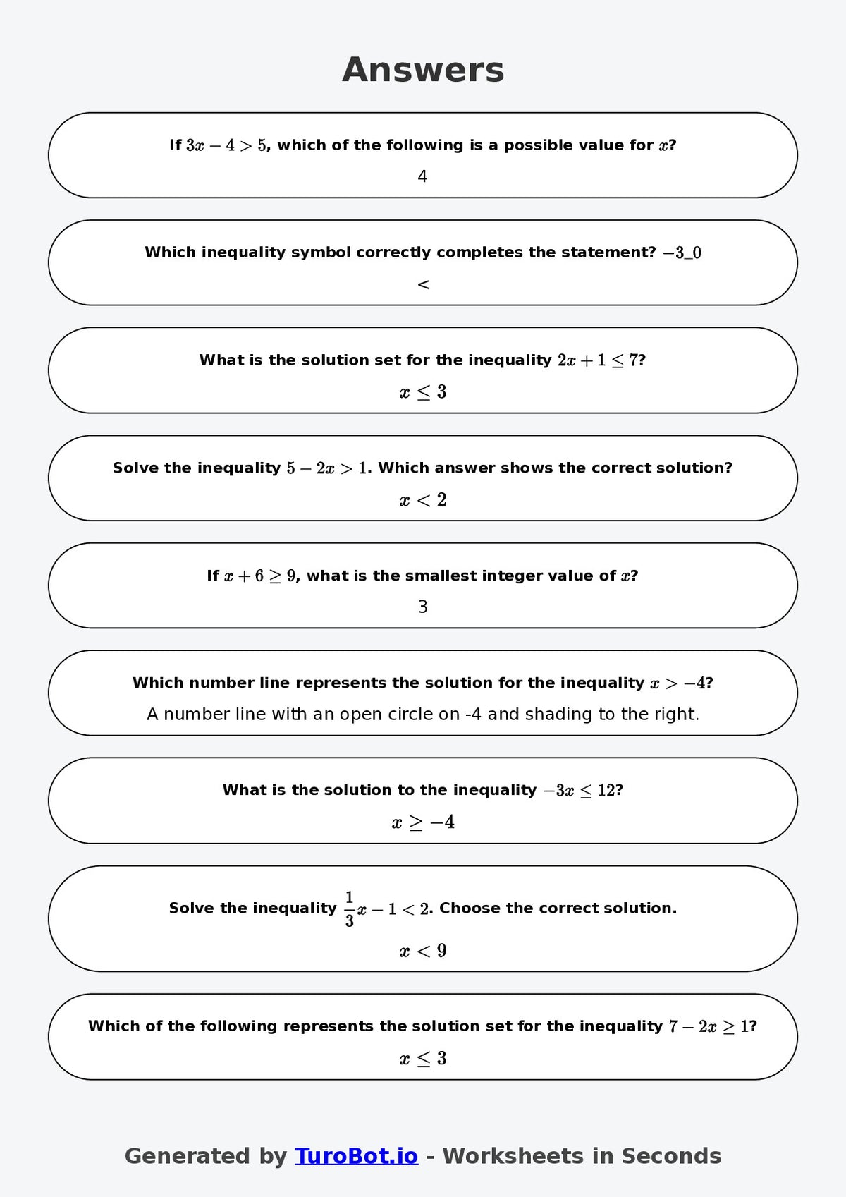 Year 8 Math Multiple Choice Worksheet – Inequalities Basics