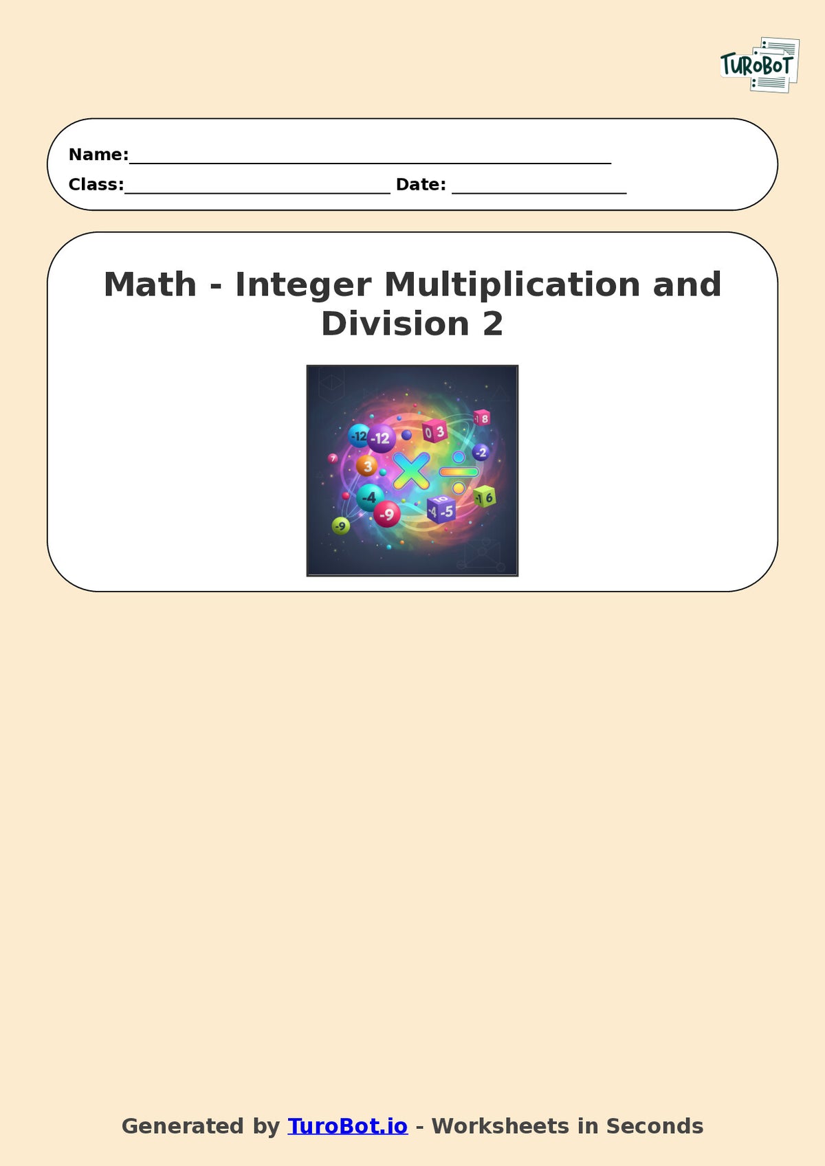 Year 6 Math Worksheet – Integer Multiplication and Division 2