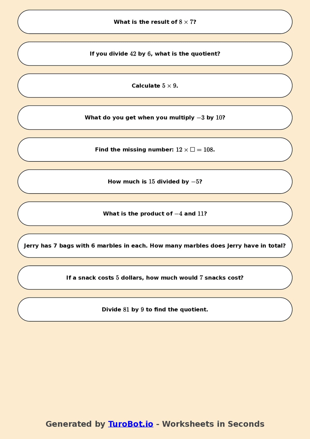 Year 6 Math Worksheet – Integer Multiplication and Division 2