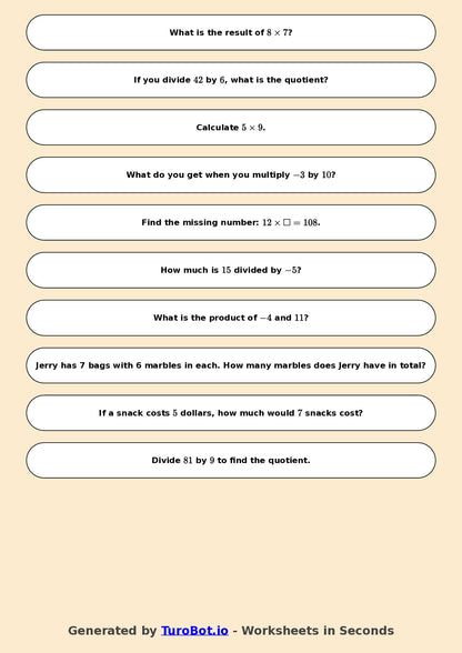 Year 6 Math Worksheet – Integer Multiplication and Division 2