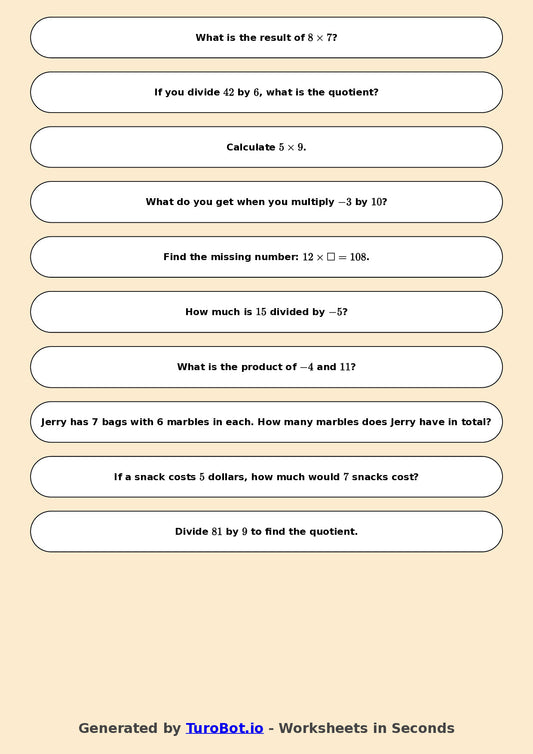 Year 6 Math Worksheet – Integer Multiplication and Division 2