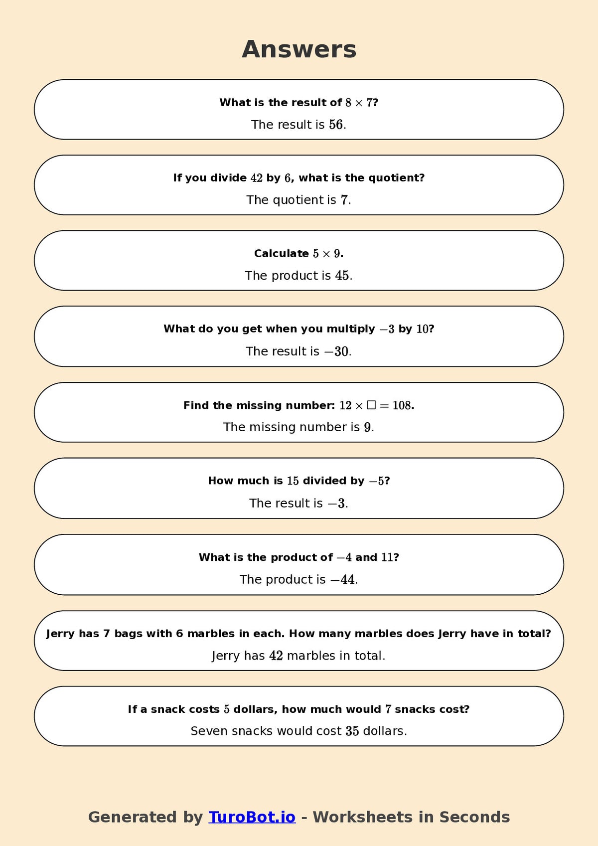 Year 6 Math Worksheet – Integer Multiplication and Division 2