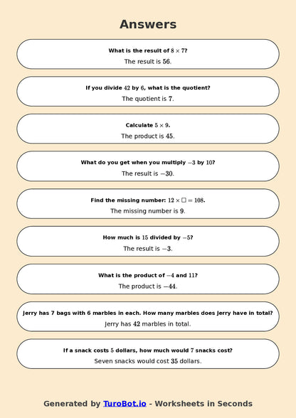 Year 6 Math Worksheet – Integer Multiplication and Division 2