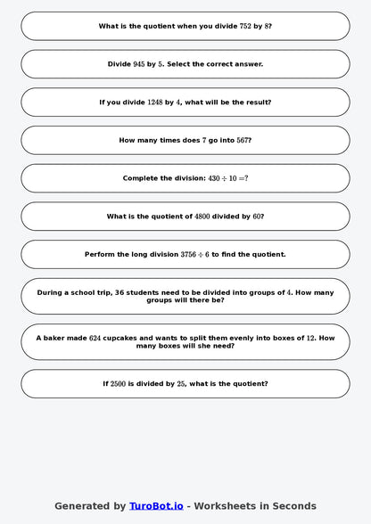 Year 6 Math Worksheet – Long Division