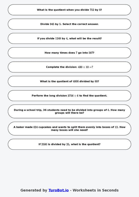 Year 6 Math Worksheet – Long Division