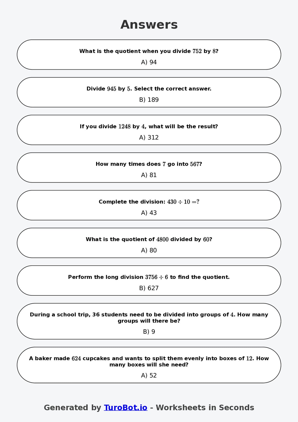 Year 6 Math Worksheet – Long Division