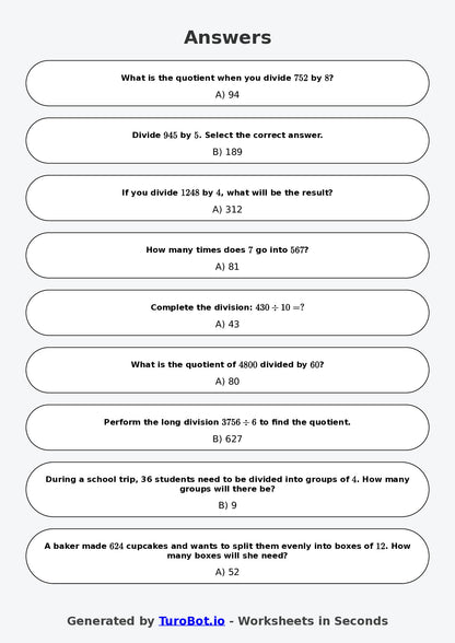 Year 6 Math Worksheet – Long Division