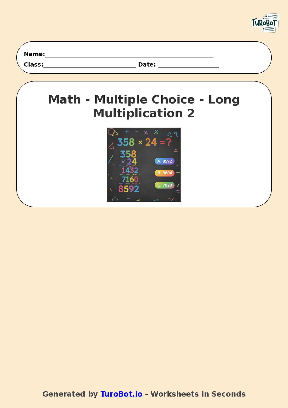 Year 6 Math Worksheet – Long Multiplication 2
