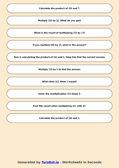 Year 6 Math Worksheet – Long Multiplication 2