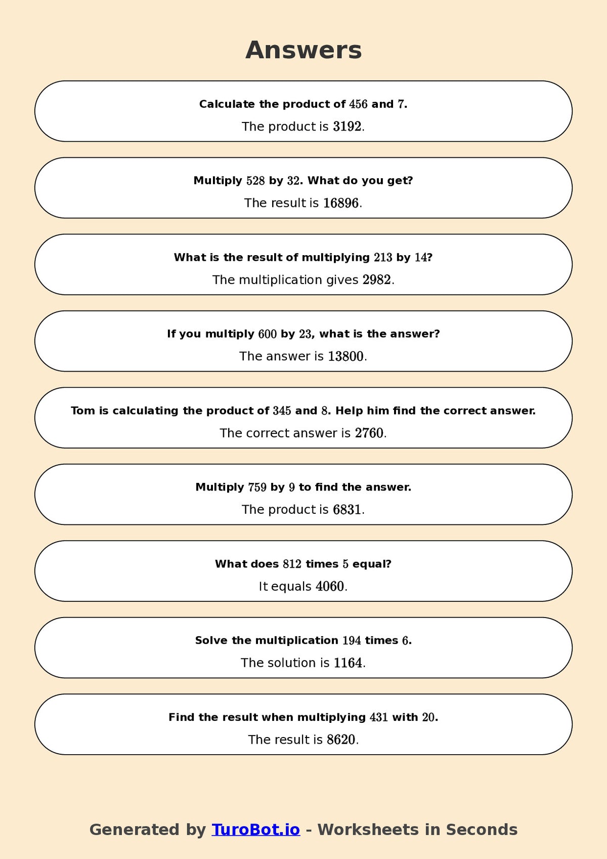 Year 6 Math Worksheet – Long Multiplication 2