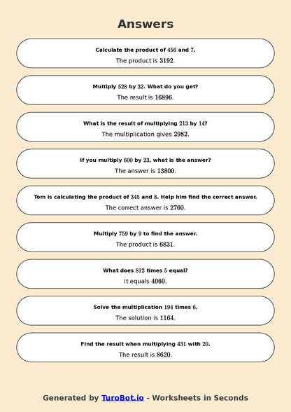 Year 6 Math Worksheet – Long Multiplication 2