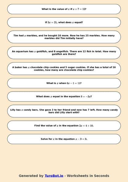 Year 6 Math Worksheet – One-Step Equations 2