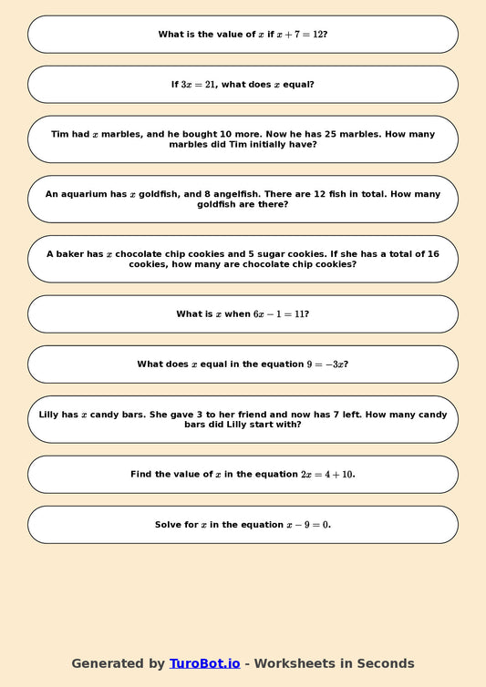 Year 6 Math Worksheet – One-Step Equations 2
