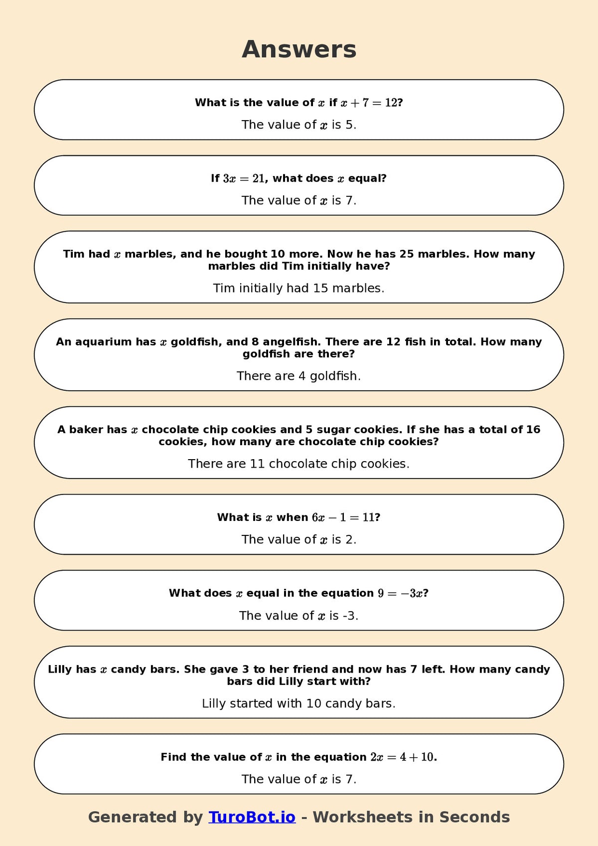 Year 6 Math Worksheet – One-Step Equations 2