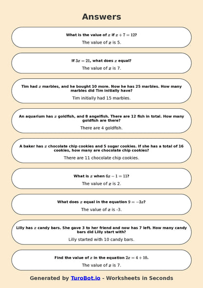 Year 6 Math Worksheet – One-Step Equations 2