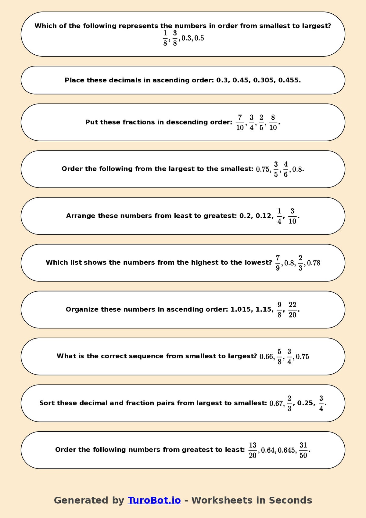 Year 6 Math Worksheet – Ordering Fractions and Decimals