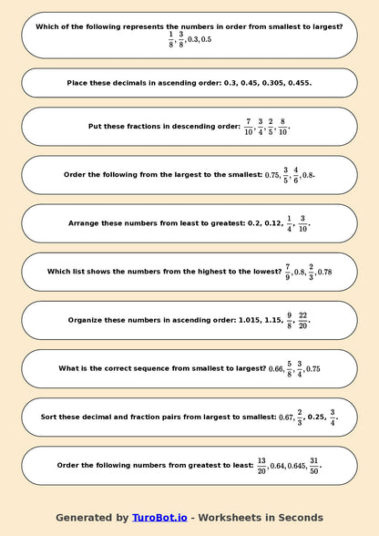 Year 6 Math Worksheet – Ordering Fractions and Decimals