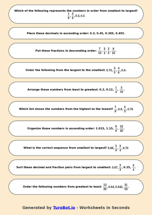Year 6 Math Worksheet – Ordering Fractions and Decimals