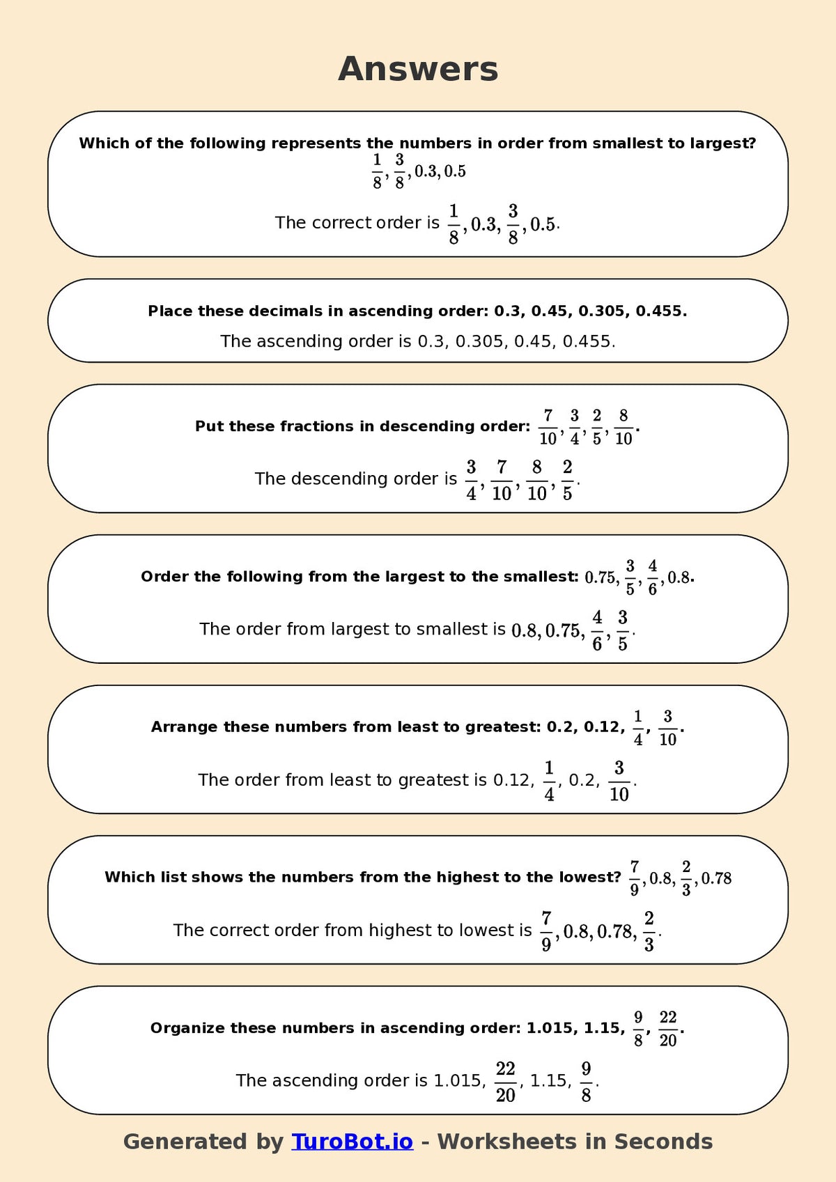 Year 6 Math Worksheet – Ordering Fractions and Decimals