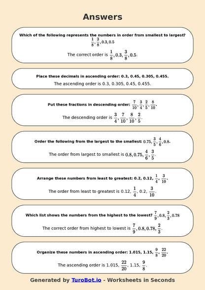Year 6 Math Worksheet – Ordering Fractions and Decimals