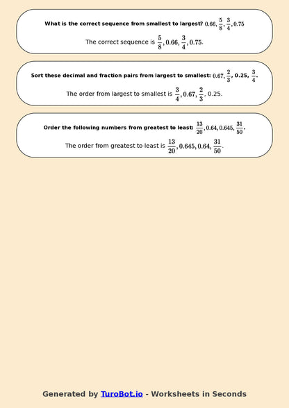 Year 6 Math Worksheet – Ordering Fractions and Decimals