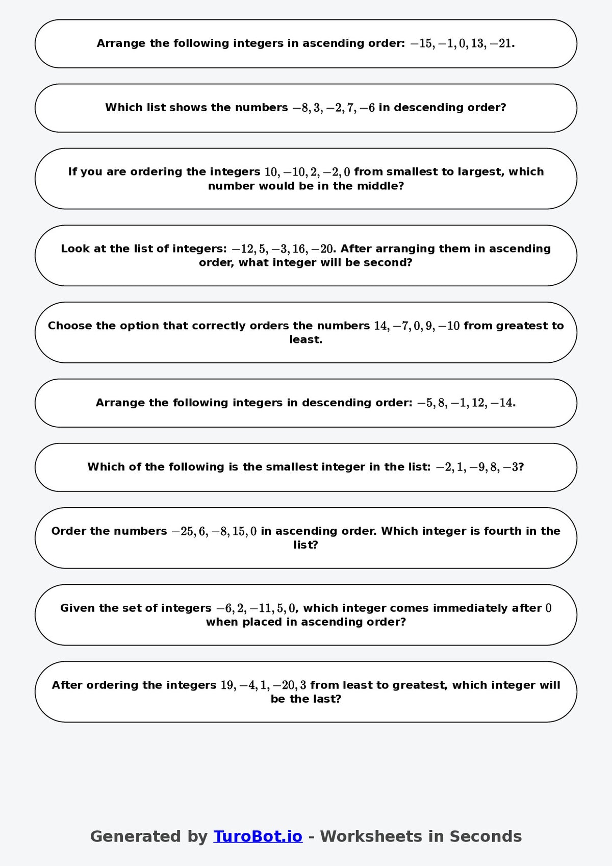 Year 6 Math Multiple Choice Worksheet – Ordering Integers 2