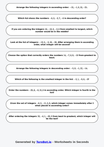 Year 6 Math Multiple Choice Worksheet – Ordering Integers 2