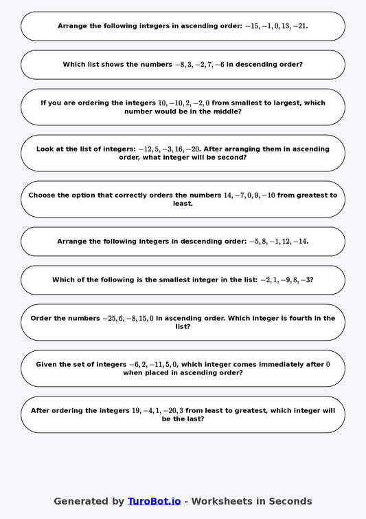 Year 6 Math Multiple Choice Worksheet – Ordering Integers 2