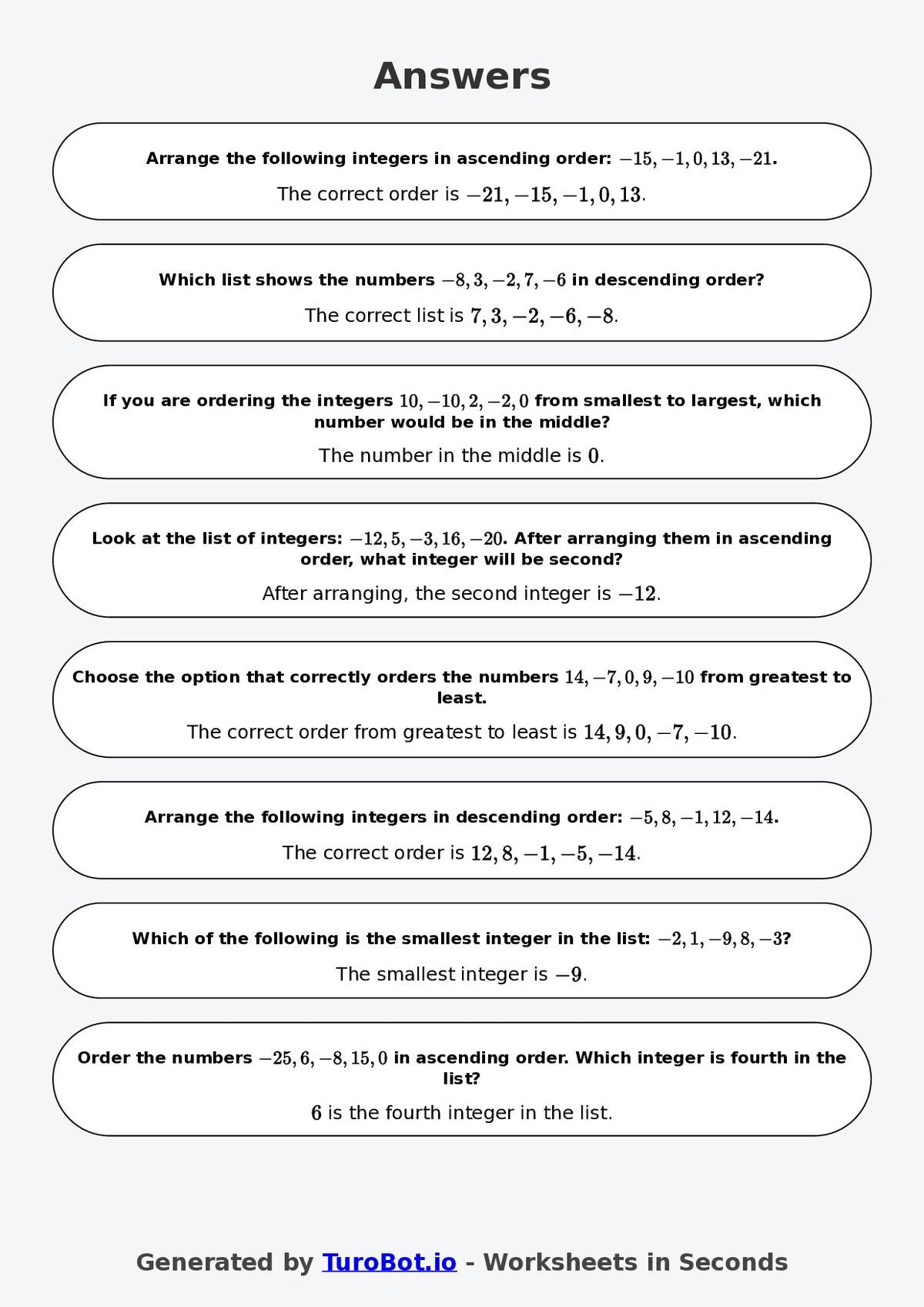 Year 6 Math Multiple Choice Worksheet – Ordering Integers 2