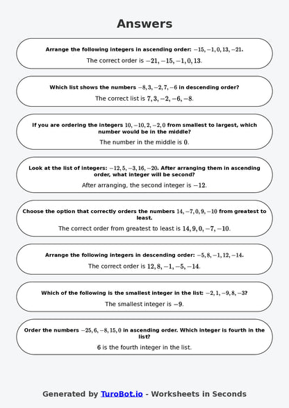 Year 6 Math Multiple Choice Worksheet – Ordering Integers 2