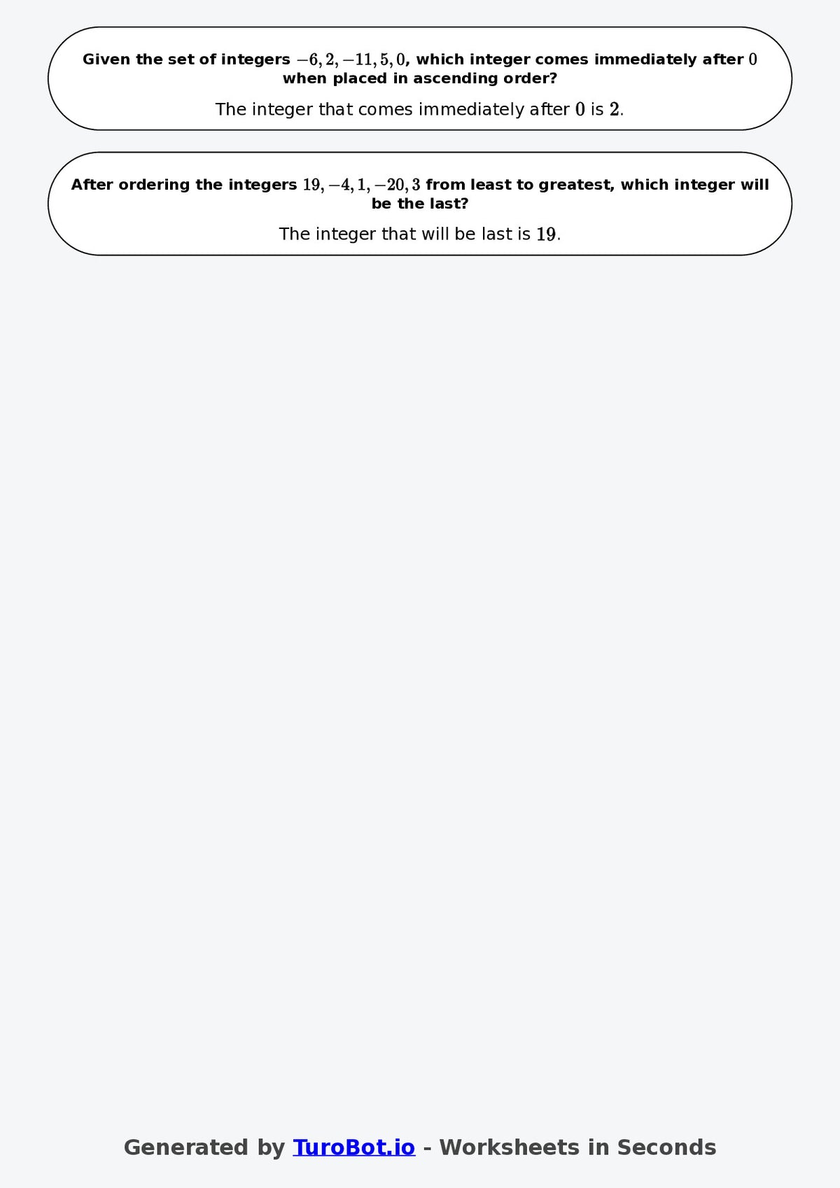 Year 6 Math Multiple Choice Worksheet – Ordering Integers 2