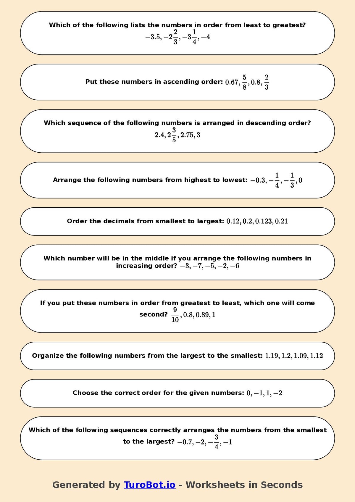 Year 6 Math Multiple Choice Worksheet – Ordering Integers and Decimals