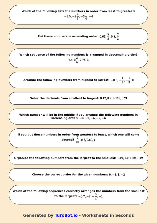 Year 6 Math Multiple Choice Worksheet – Ordering Integers and Decimals