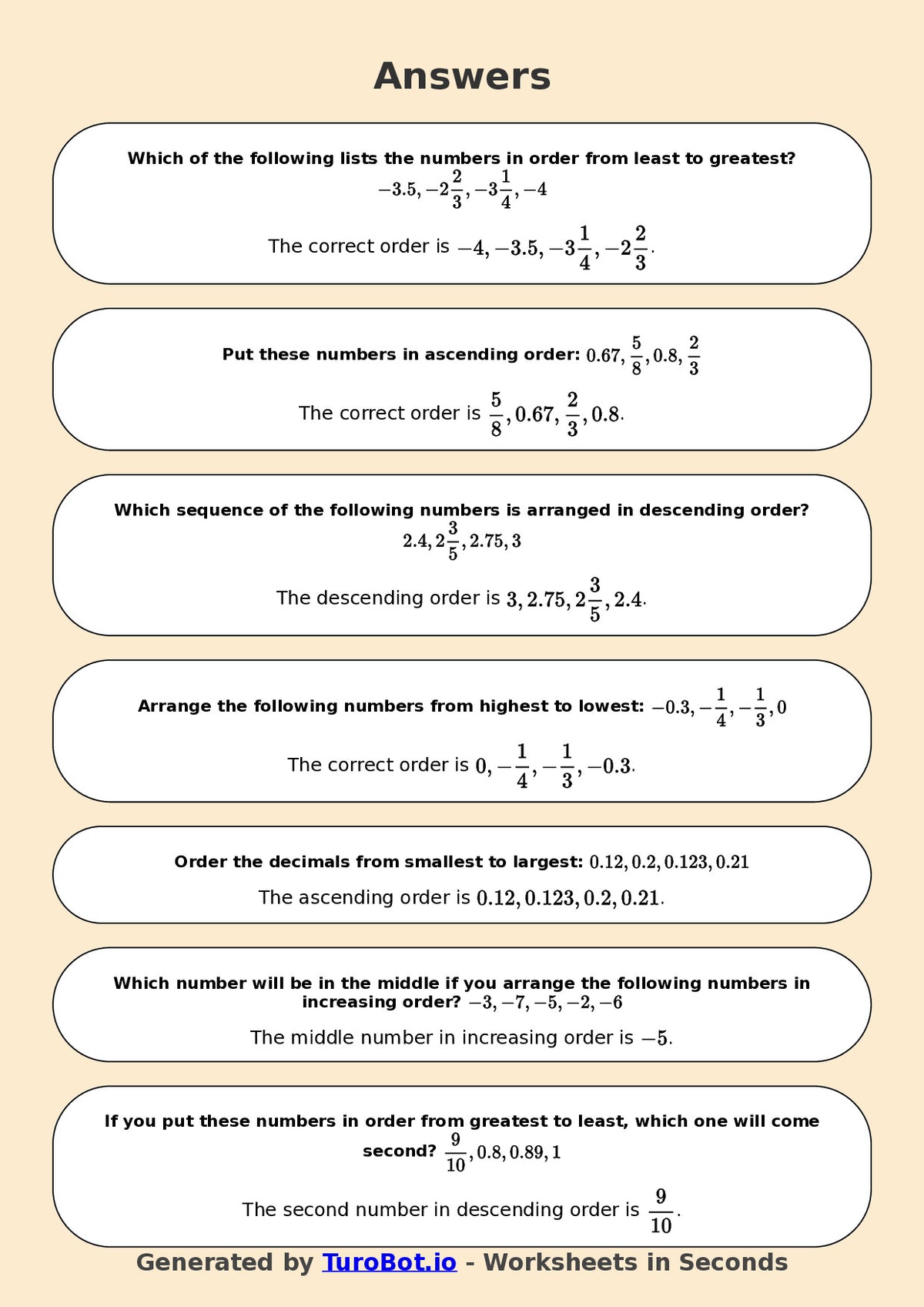 Year 6 Math Multiple Choice Worksheet – Ordering Integers and Decimals