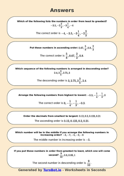 Year 6 Math Multiple Choice Worksheet – Ordering Integers and Decimals