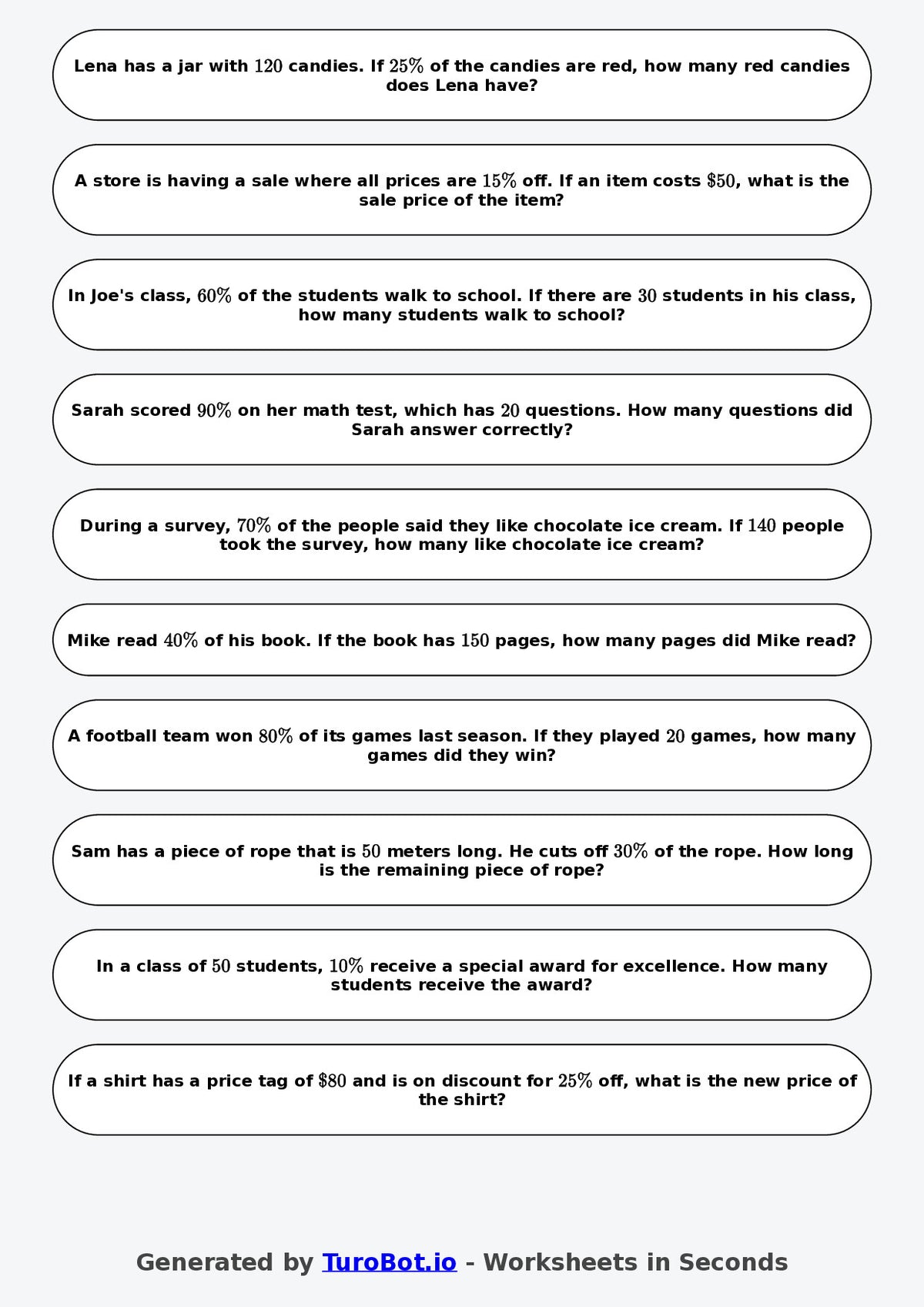 Year 6 Math Worksheet – Percent Word Problems 2