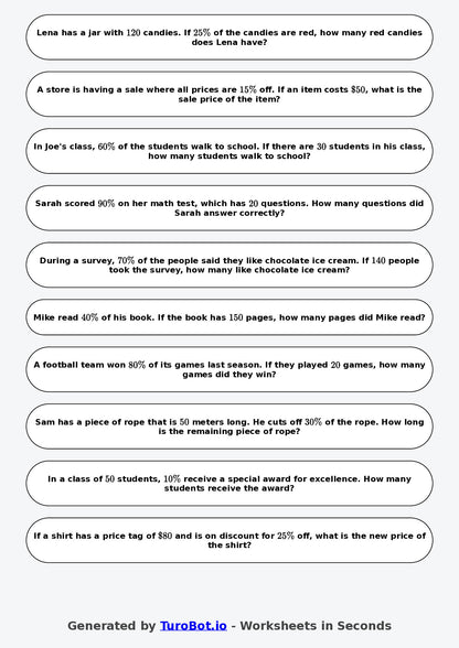 Year 6 Math Worksheet – Percent Word Problems 2