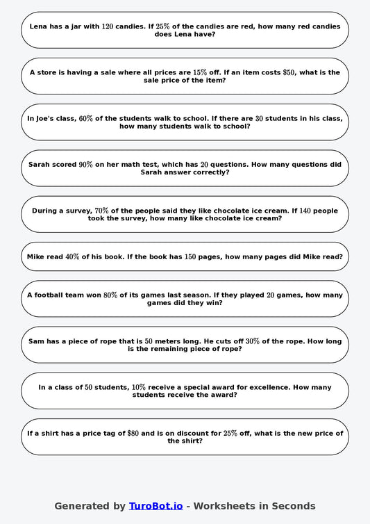 Year 6 Math Worksheet – Percent Word Problems 2