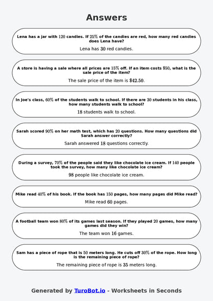 Year 6 Math Worksheet – Percent Word Problems 2