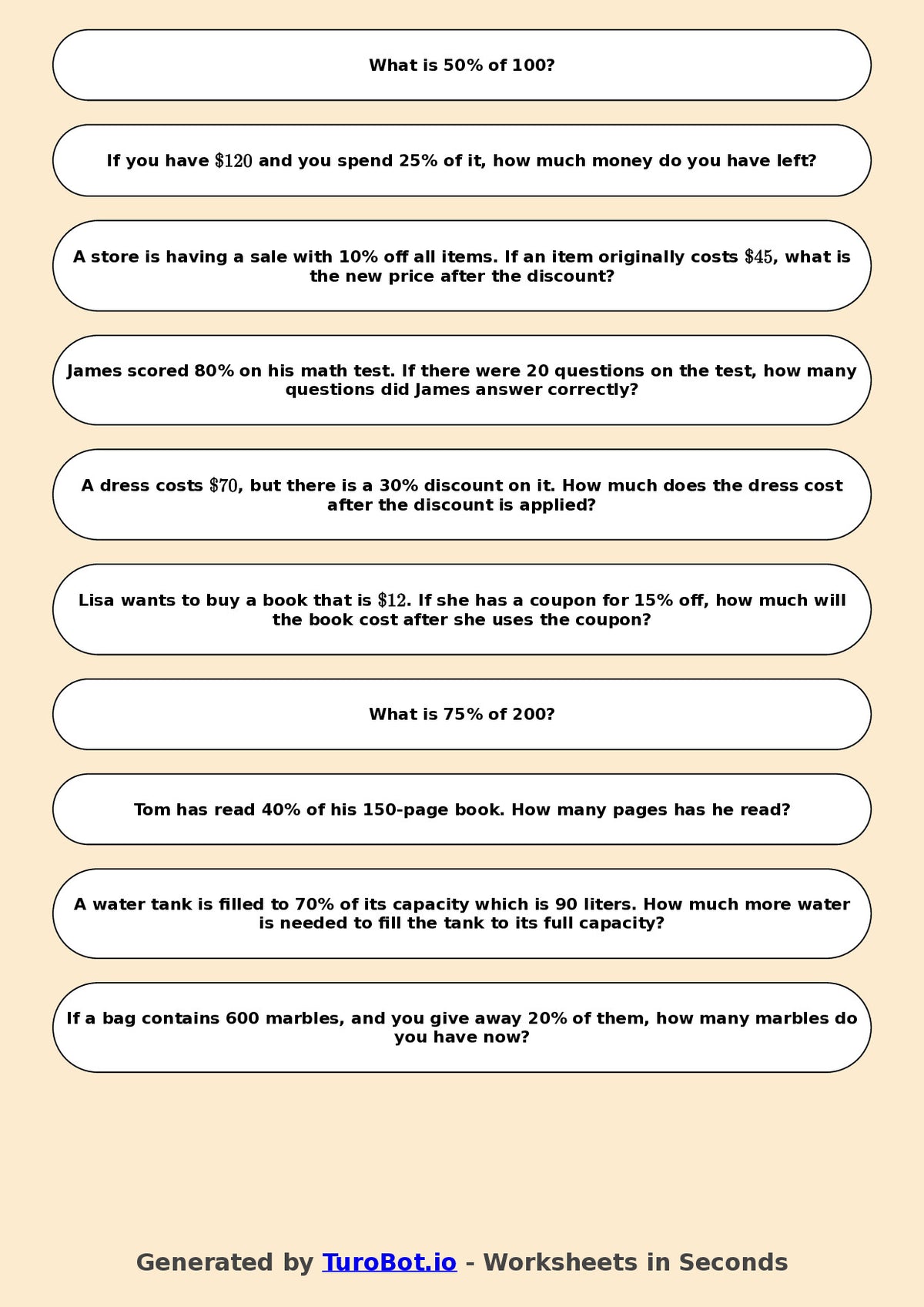 Year 6 Math Worksheet – Percentages of Amounts