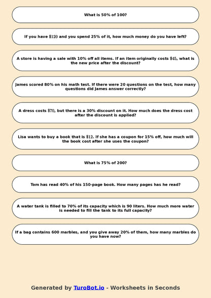Year 6 Math Worksheet – Percentages of Amounts