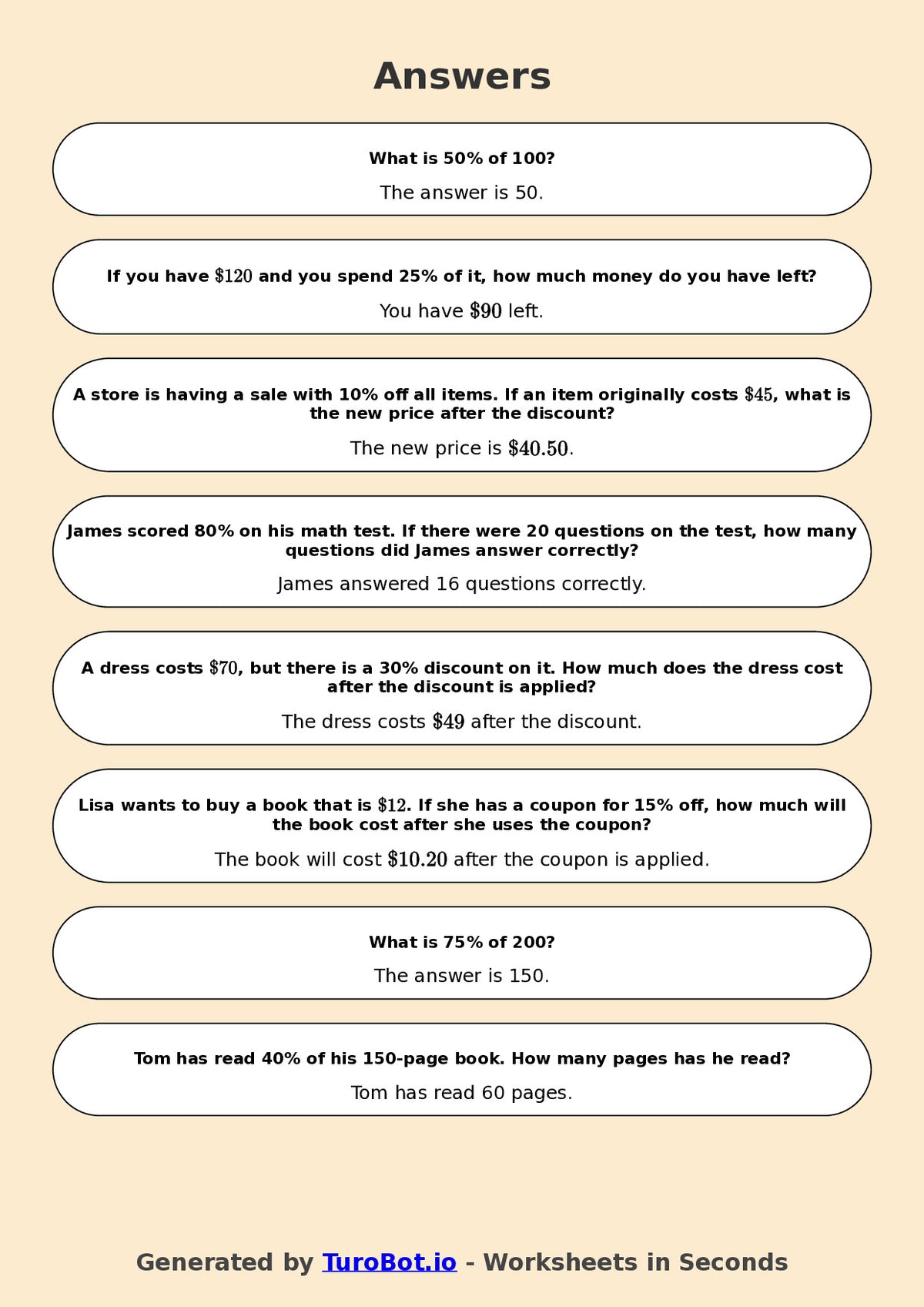 Year 6 Math Worksheet – Percentages of Amounts
