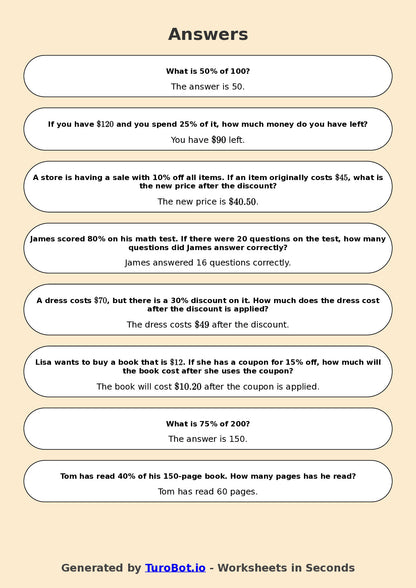 Year 6 Math Worksheet – Percentages of Amounts