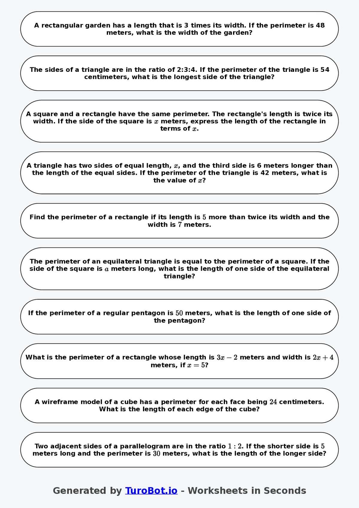 Year 8 Math Worksheet – Perimeter Problems with Algebra 2